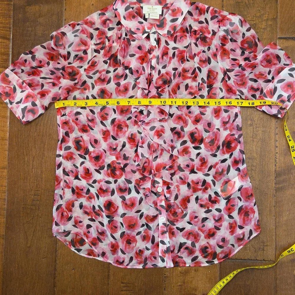 Kate Spade Roses Ruffle Silk Top In Size 2. - Picture 13 of 16
